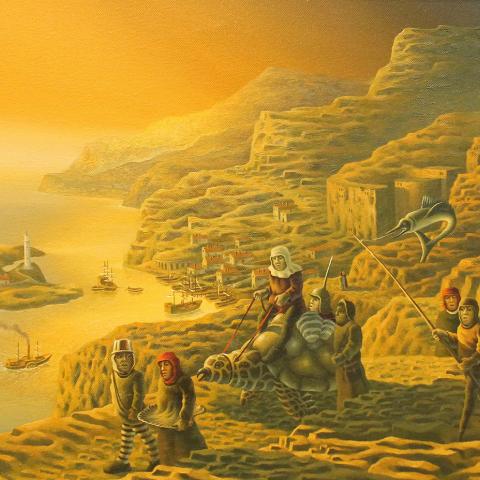«Inhabitats. Жители Скеликов». 35х50. Холст, масло. «Реальный пейзаж в Ирландии: две скалы и монахи, живущие не только молитвой… И океан, как символ Жизни»