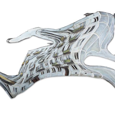 «Убегающая пятиэтажка», 89х150, фанера, акрил, масло, карандаши. Д. Кудряшов