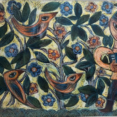 «Гармонист. В саду». Хамит Латыпов. бумага, картон, 47х75, 1995